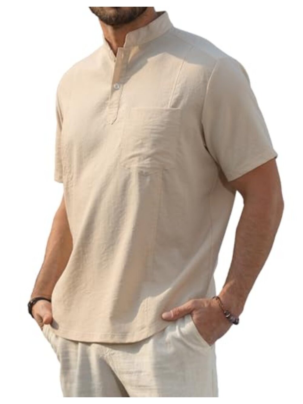 Men's Henley Shirt Short Sleeve Band Collar Rayon Blend Beach Tee with Pocket